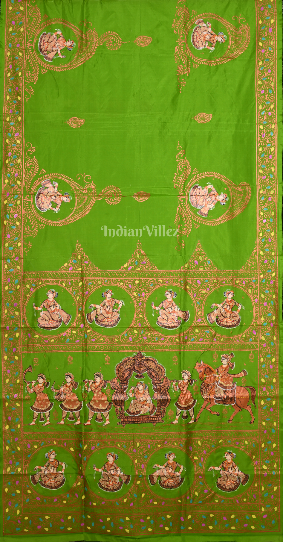 Parrot Green Doli Barat Hand-Painted Pattachitra Saree