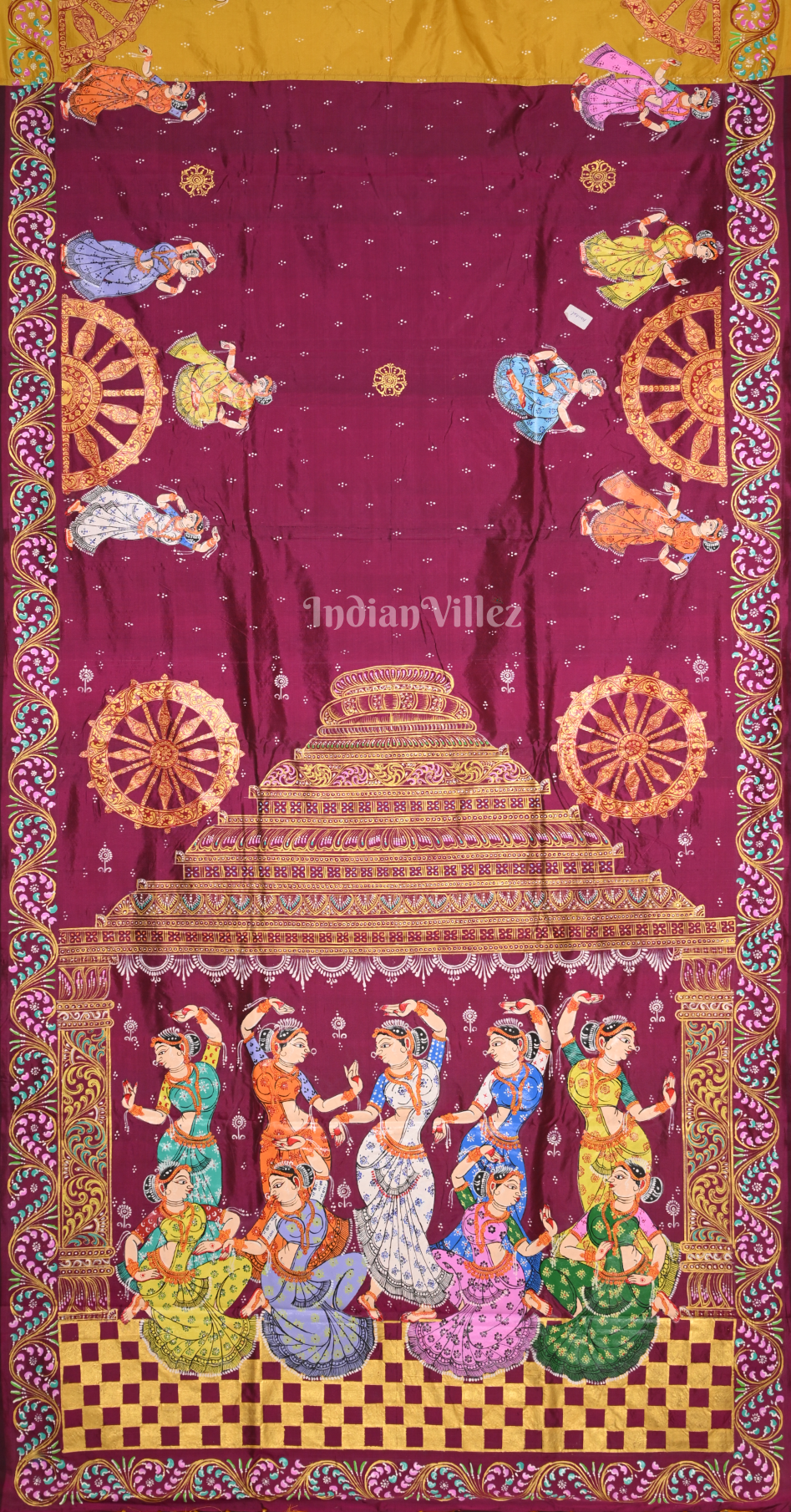 Magenta Pink Yellow Nartaki Konark Temple Hand-Painted Pattachitra Saree