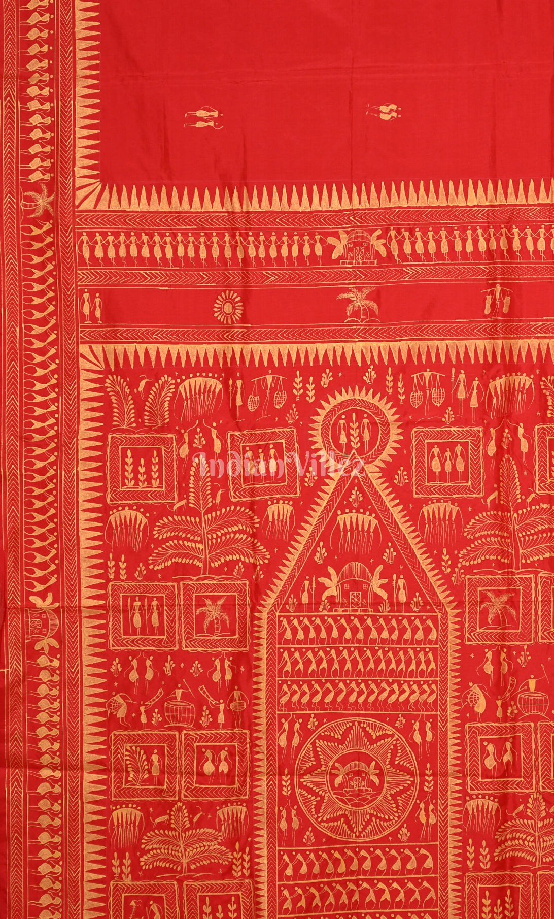 Red  Saura Tribal Art  Hand-Painted Pattachitra Silk Saree 