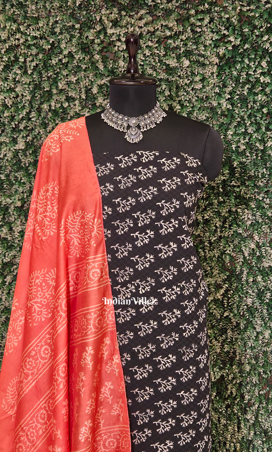 Black Orange Block Printed Chanderi Silk Suit Sets