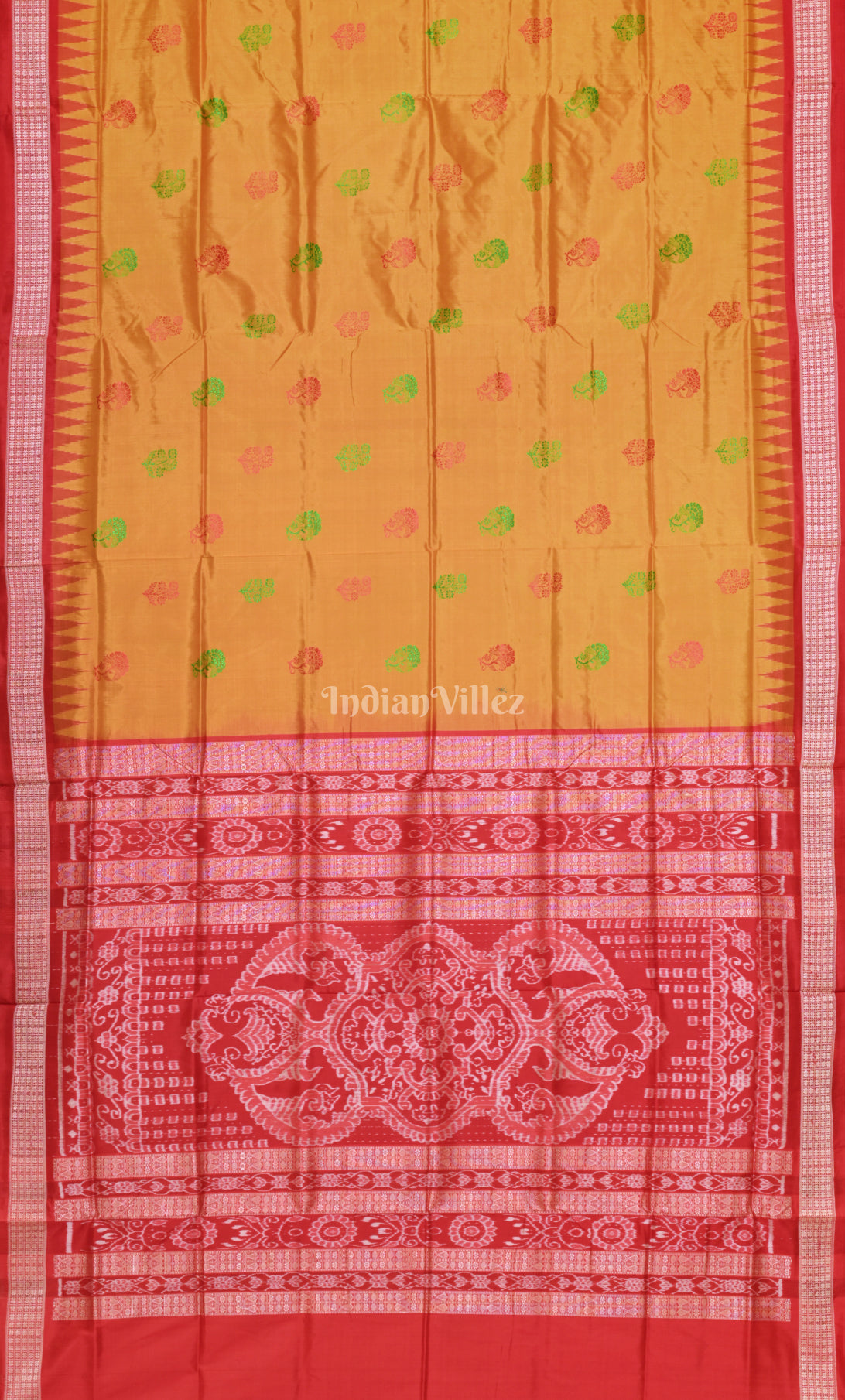 Mustard Yellow Red Odisha Ikat  Bomkai Sambalpuri Silk Saree 