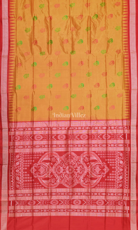 Mustard Yellow Red Odisha Ikat  Bomkai Sambalpuri Silk Saree 