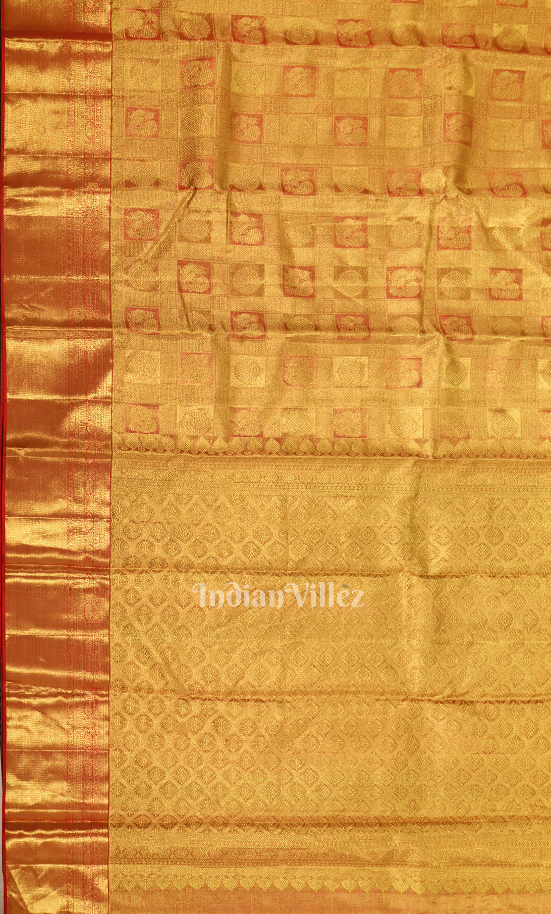  Golden Brocade Pure Kanjivram Silk Saree With Chakram And Annam Motifs 