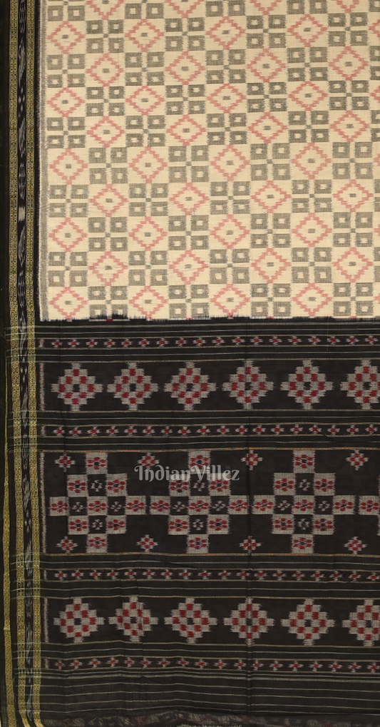 Off white Black pasapali Odisha Handloom Sambalpuri Ikat Cotton Saree