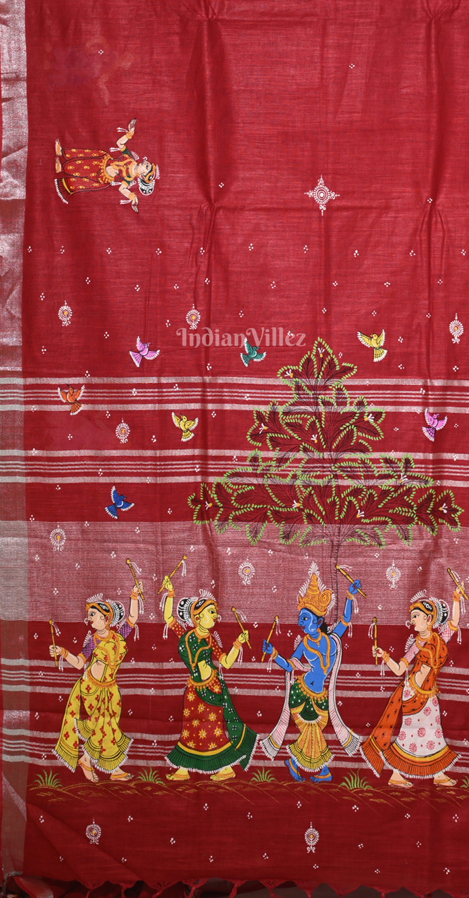 Maroon Krishna Raas Leela Hand-Painted Pattachitra Saree (Linen)