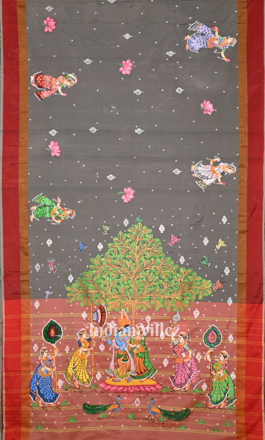 Grey Red Krishna Raasleela Hand-Painted Pattachitra Saree