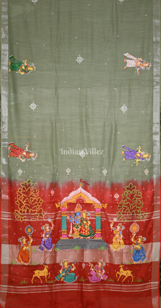 Olive Green Krishna Rasa Leela Hand-Painted Pattachitra Saree