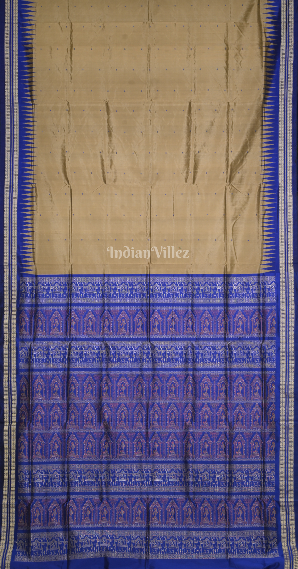 Beige Blue Buti Design Odisha Ikat Bomkai Sambalpuri Silk Saree