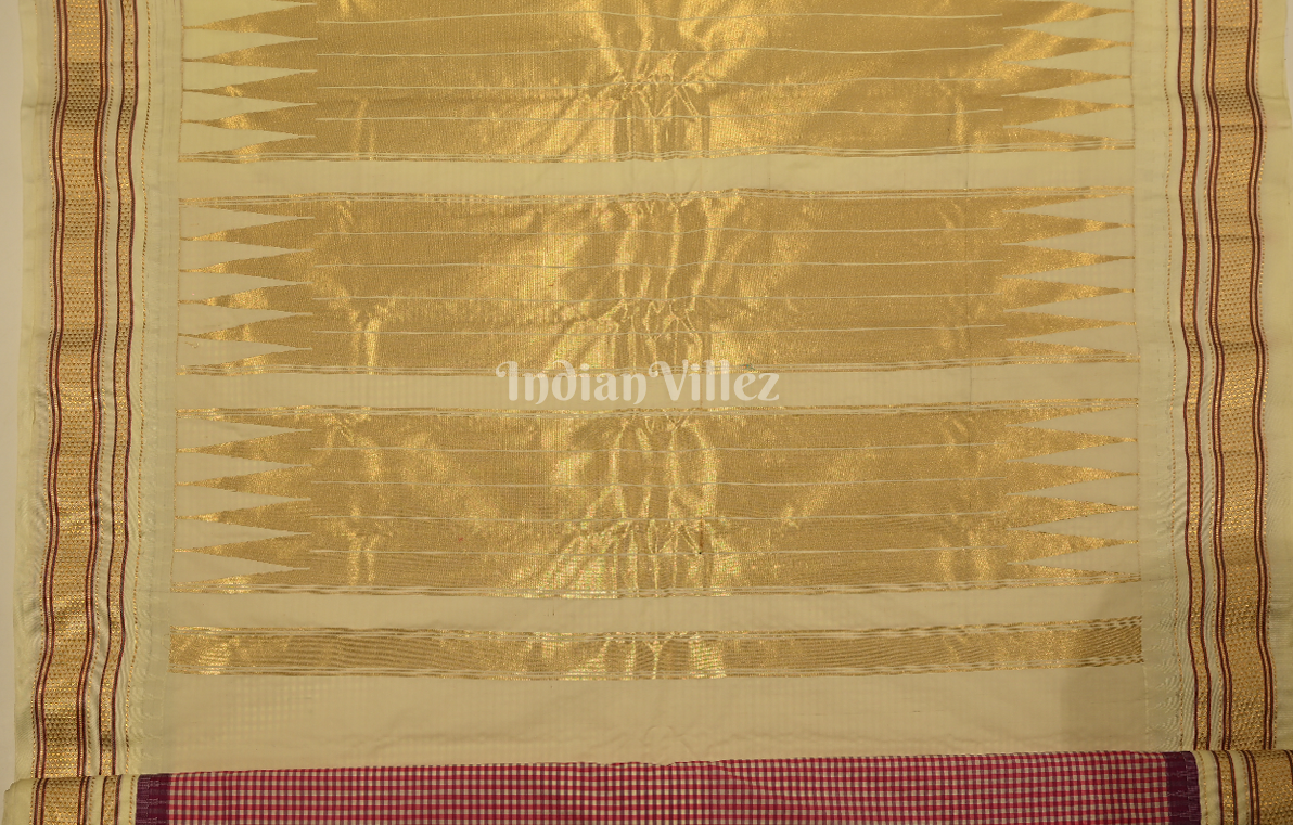 Beige Maroon Check Pure Gadwal Silk Saree 