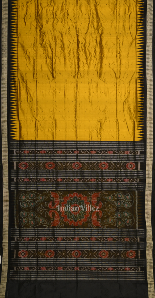Mustard Yellow Black Buti Design Odisha Ikat Bomkai Silk Saree