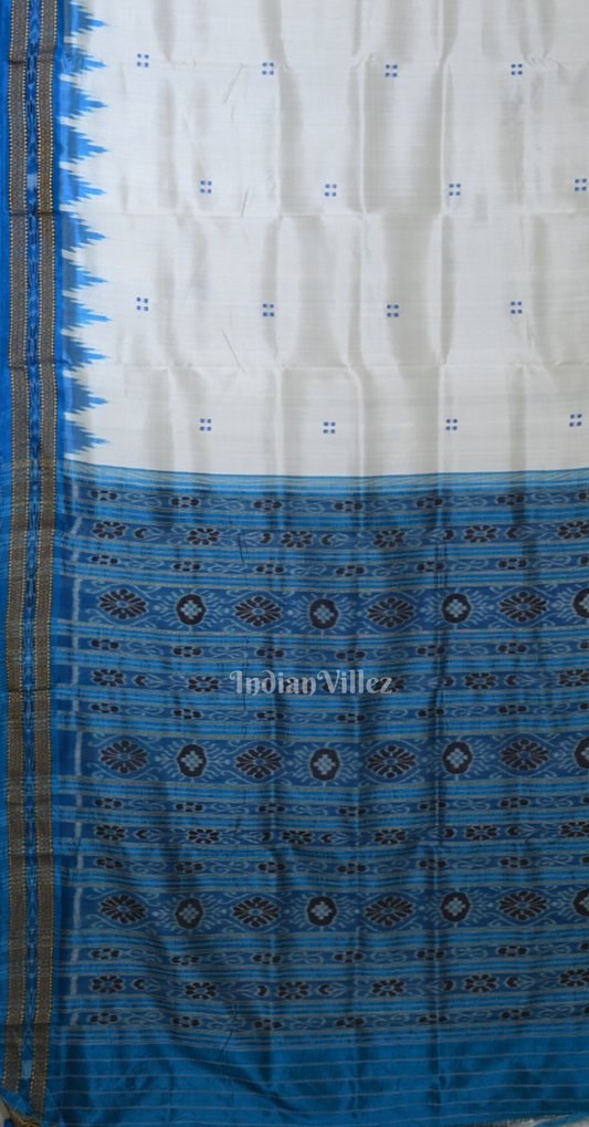White Blue  Buti Design Odisha Ikat Khandua Silk Saree