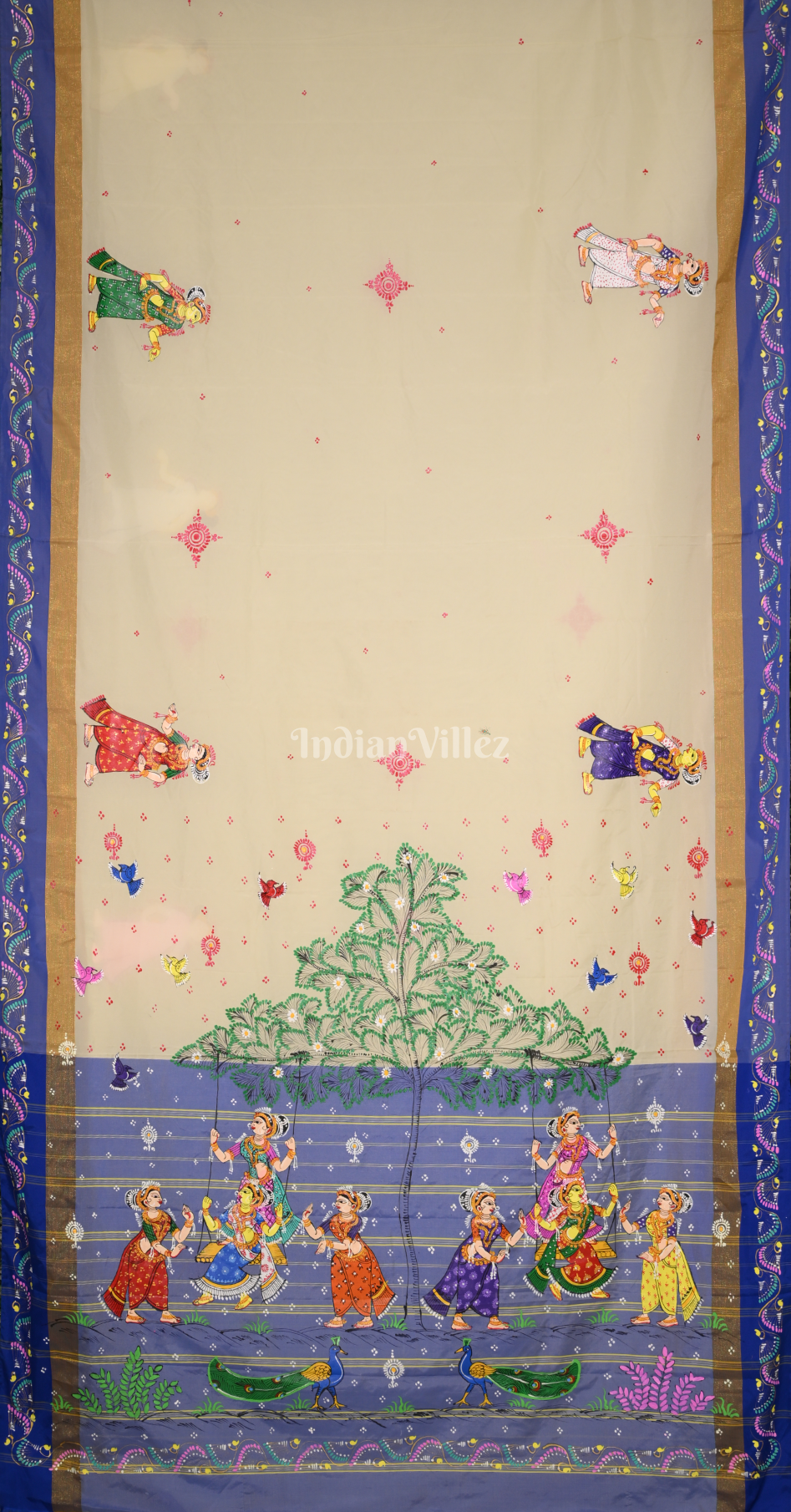 Cream Blue Raja Doli Theme Hand-Painted Pattachitra Saree 