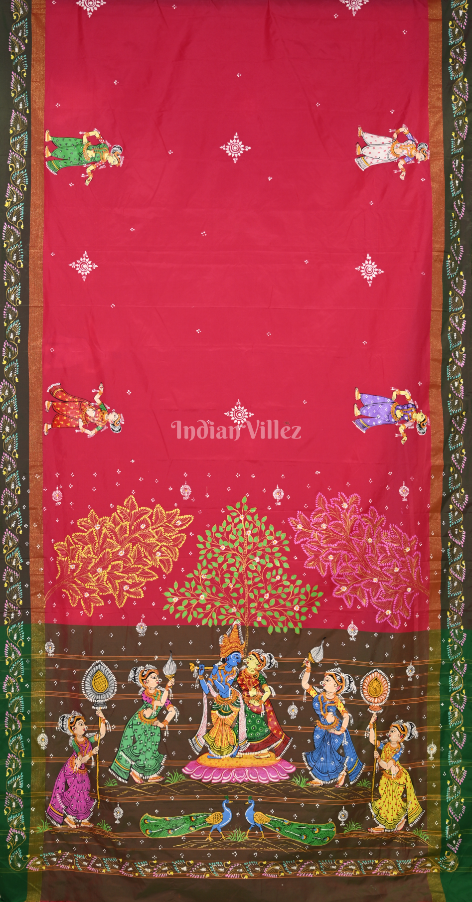 Rani Pink Brown Radha Krishna Raas Hand-Painted Pattachitra Saree 