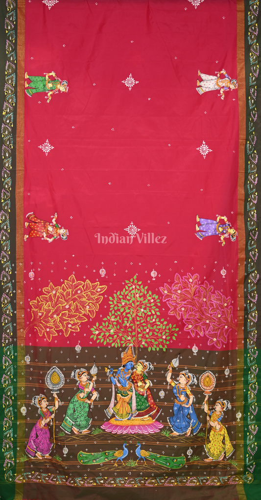 Rani Pink Brown Radha Krishna Raas Hand-Painted Pattachitra Saree 