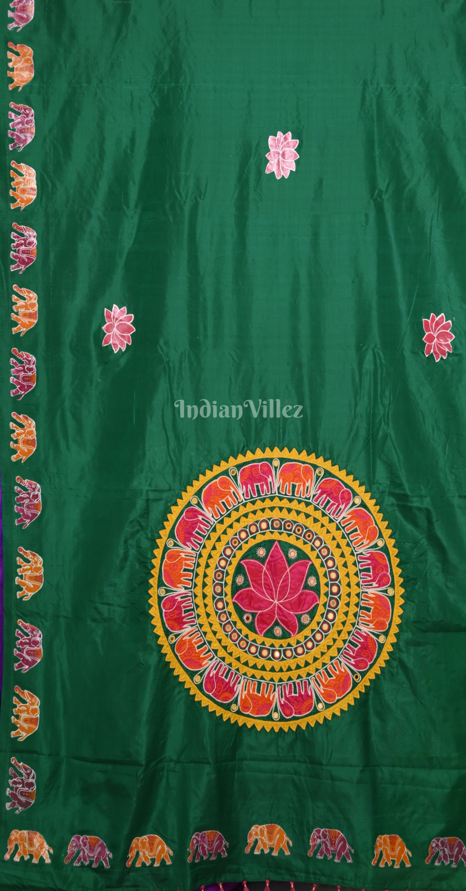 Purple Green Hand Embroidered Applique Work Saree 
