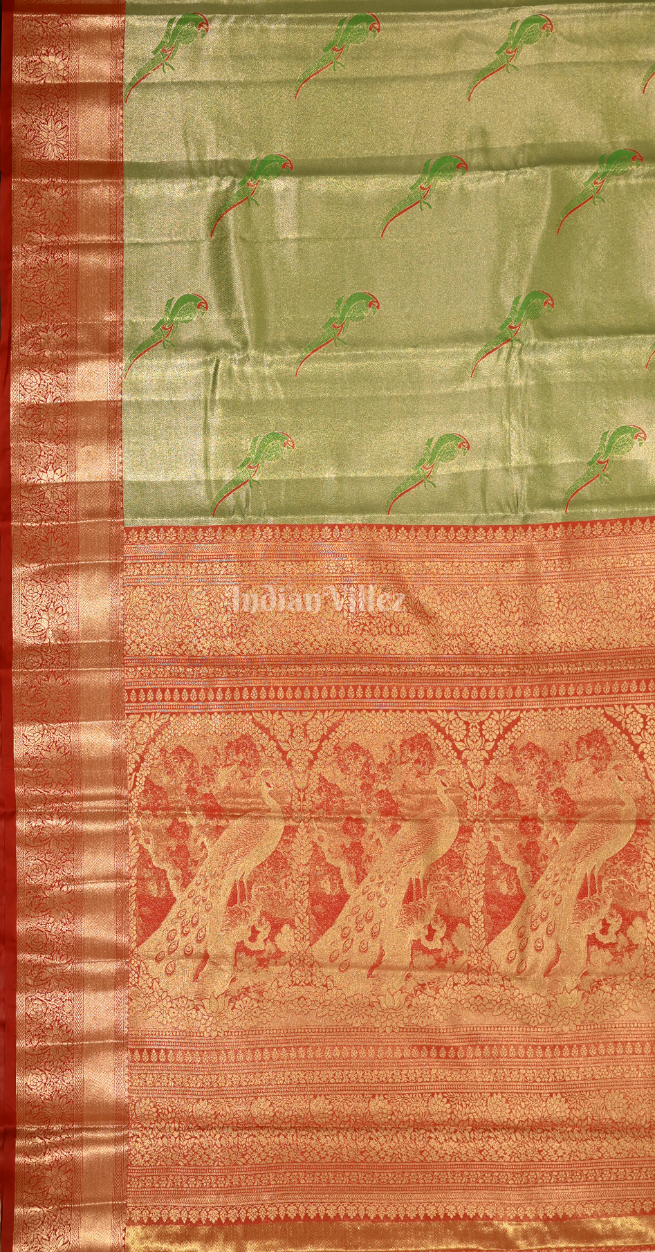 Mehendi Green Dual Tone Parrot Motif Kanjivaram Tissue Silk Saree