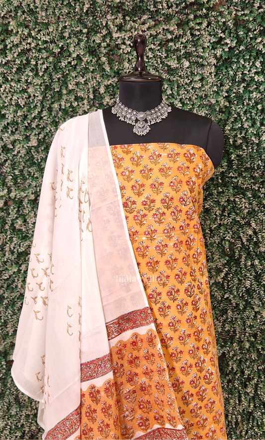Orange Yellow Sanganeri Block Printed Cotton Suit Sets