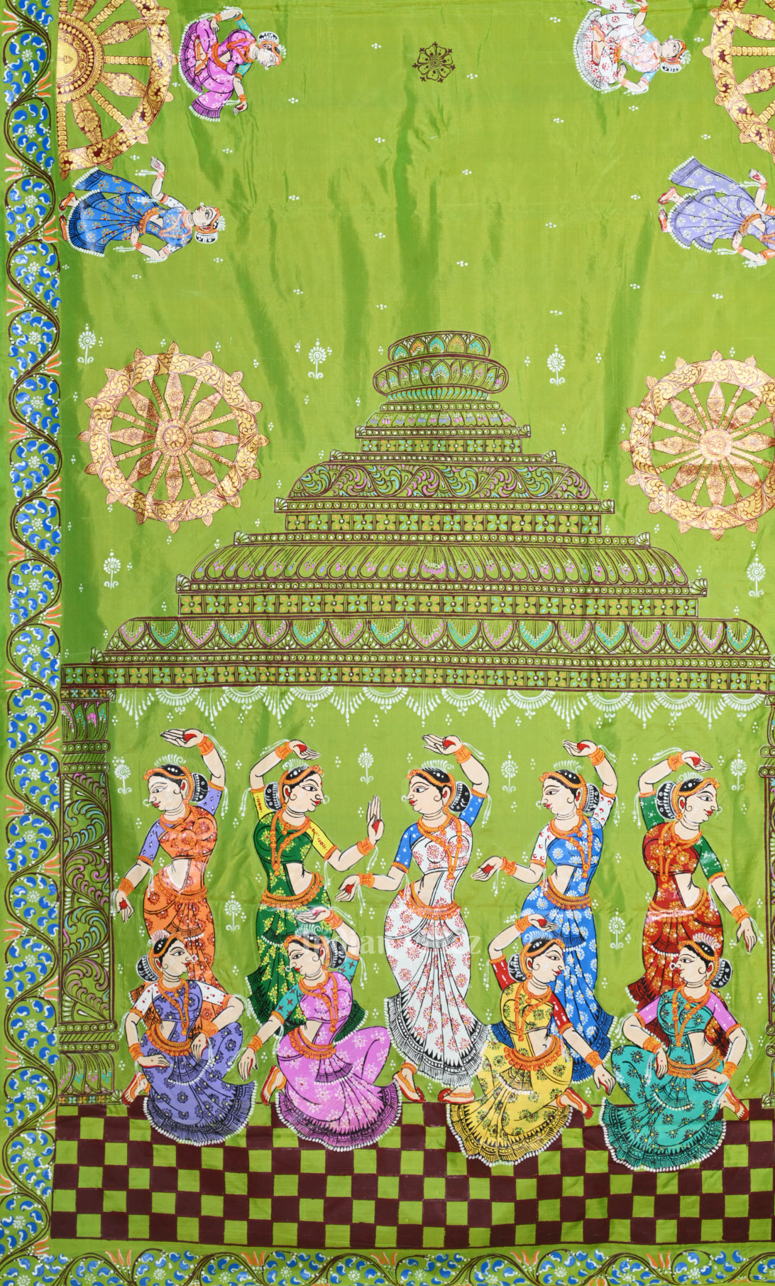 Red Green Nartaki Konark Temple Hand-Painted Pattachitra Saree