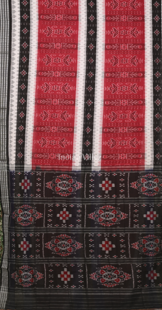 Crimson Red Black Triple Line Pasapali Odisha Ikat Sambalpuri Cotton Saree 