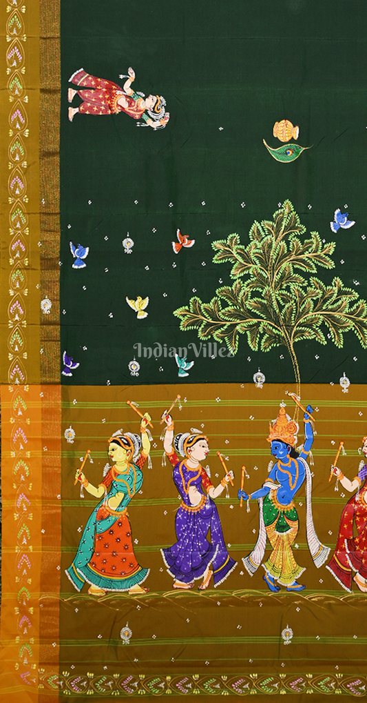 Bottle Green Krishna Raas Leela Hand-Painted Pattachitra Saree