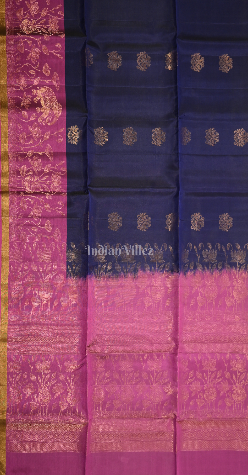 Navy Blue Pink Floral Zari Pure Kanjivaram Soft Silk Saree
