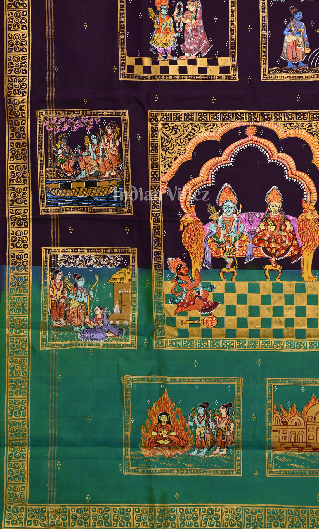 Purple Green  Ramayan Theme  Hand-Painted Pattachitra Saree 