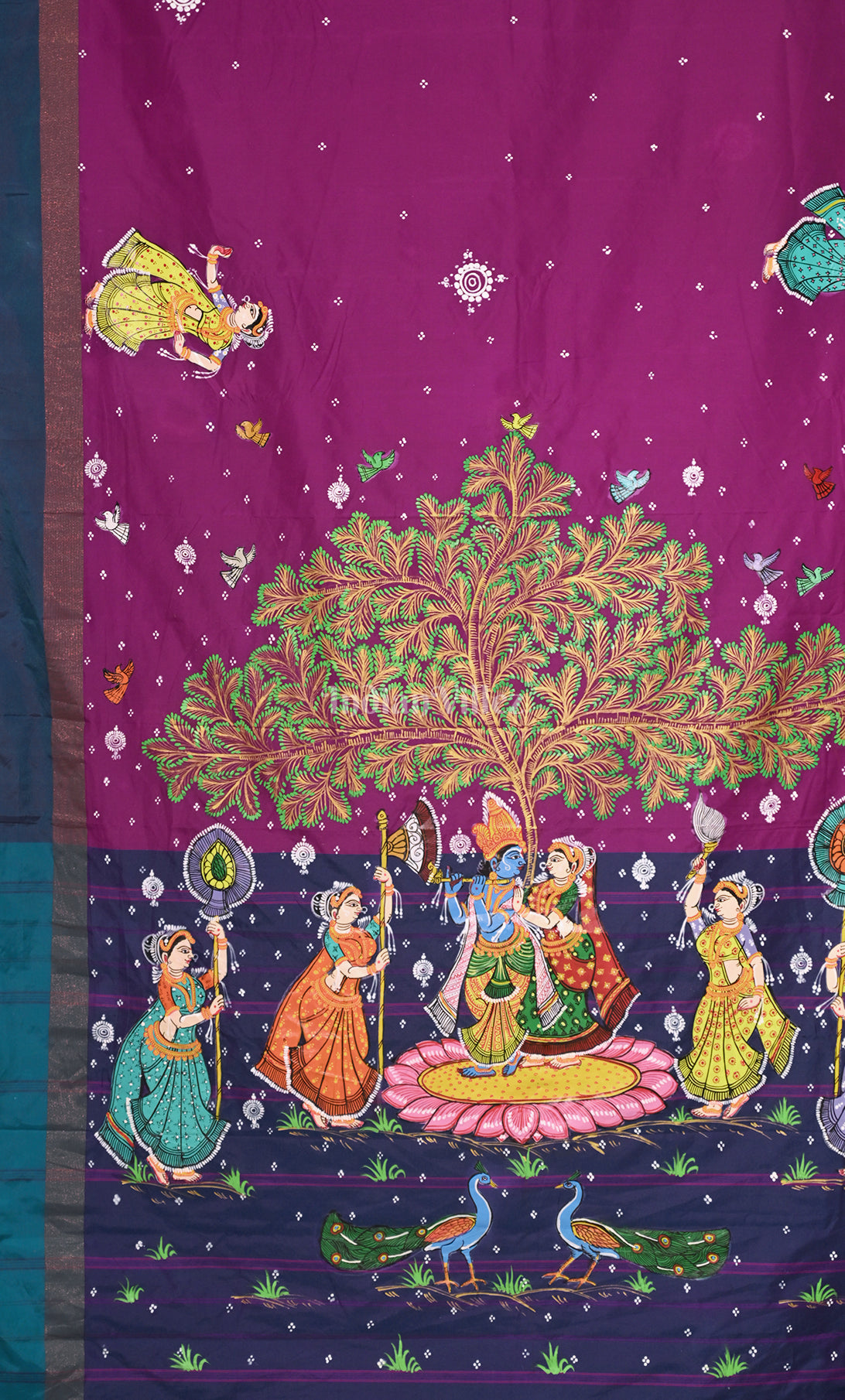 Purple Blue Raasleela Hand-Painted Pattachitra Saree