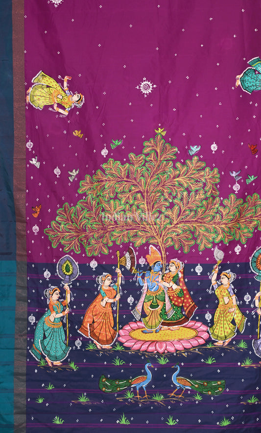 Purple Blue Raasleela Hand-Painted Pattachitra Saree