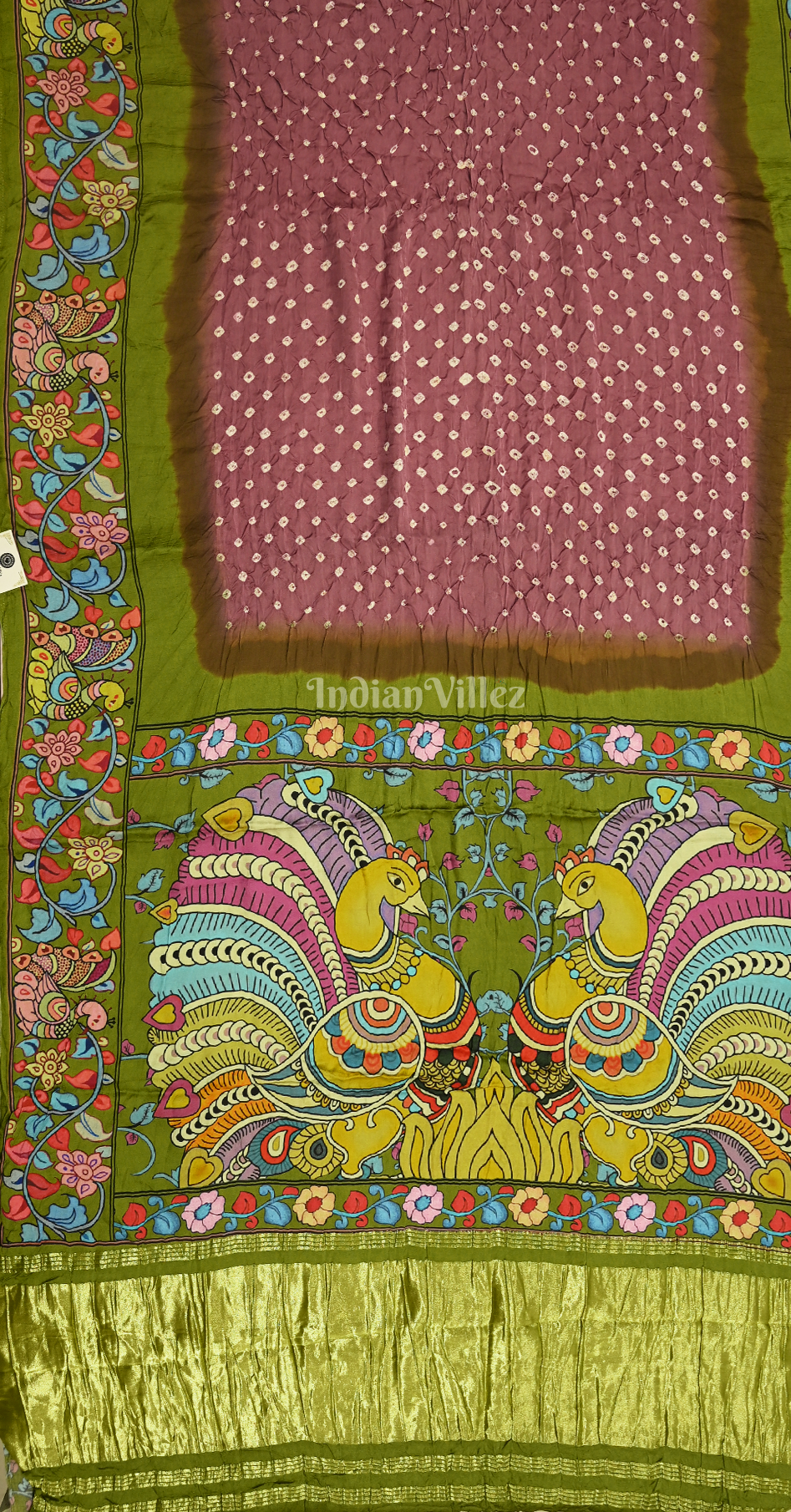 Dusty Mauve Olive Green Bandhani Gharchola Gaji Silk Saree with Zari Work 