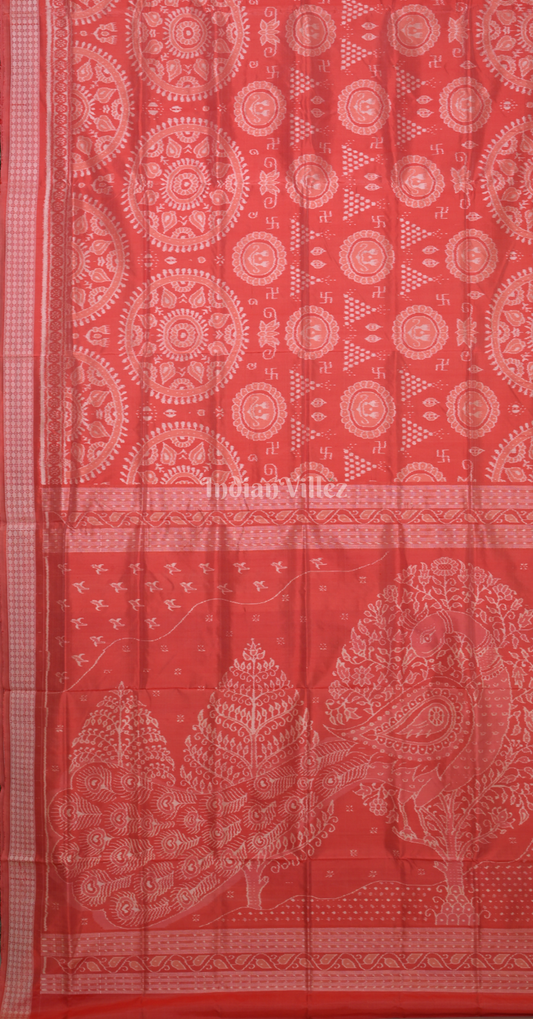 Red Laxmi Feet Jhoti Theme Ikat Sambalpuri Silk Saree with Peacock Anchal