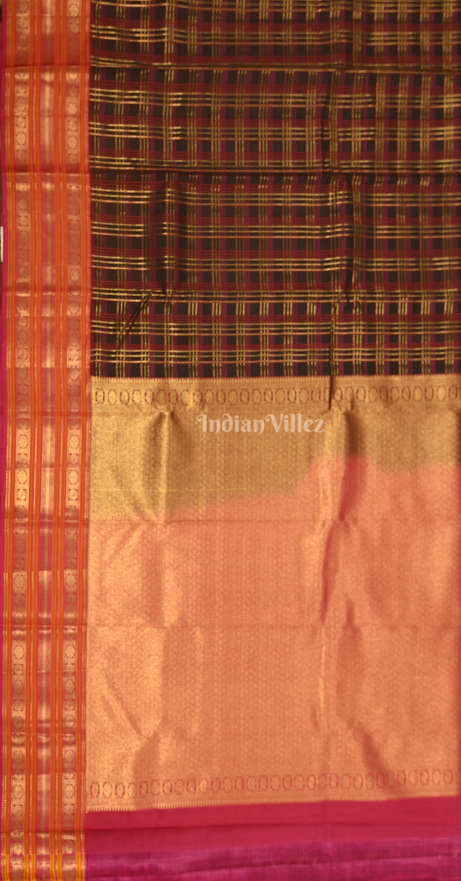 Black Golden Checks Pure Brocade  Kanjivaram Silk Saree