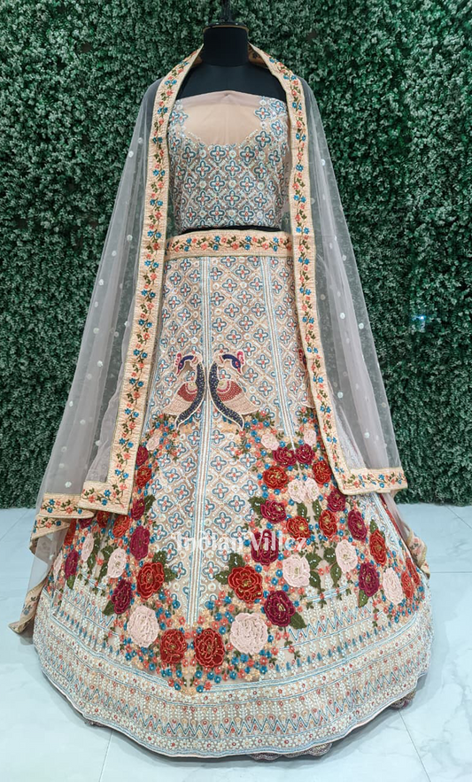 Off White Floral & Peacock Embroidery Lehenga Choli with Dupatta 