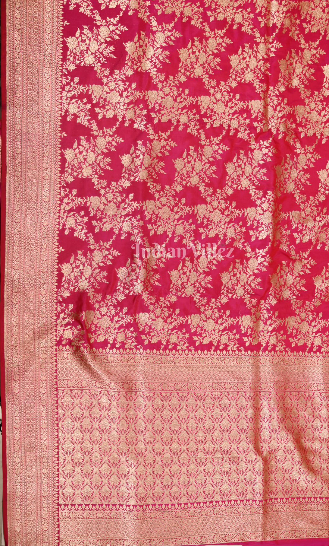 Rani Pink Pure Katan Banarasi Silk Saree with  Golden Floral Jaal Work
