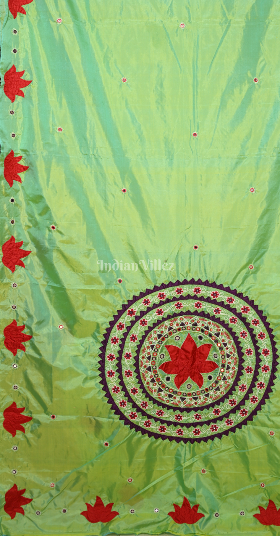 Light Green Red Hand Embroidered Applique Work Saree 