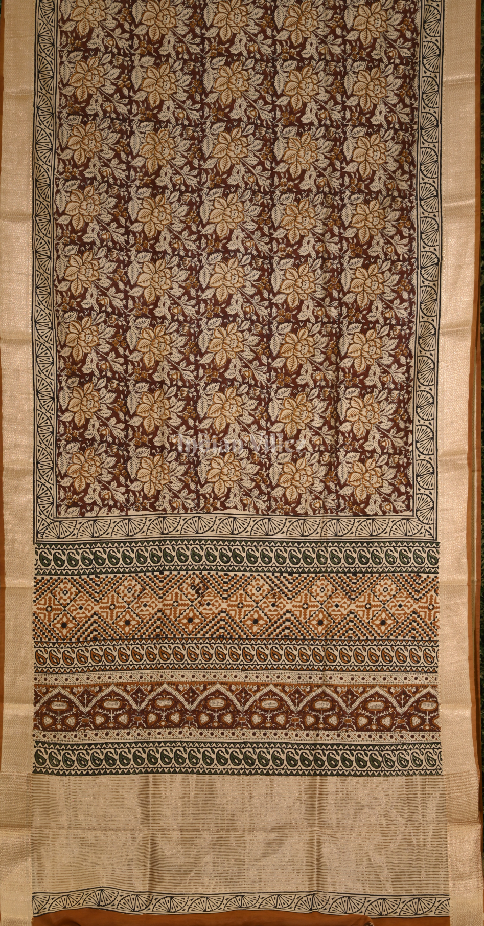 Brown Maroon Block Printed Bagru Cotton Saree 