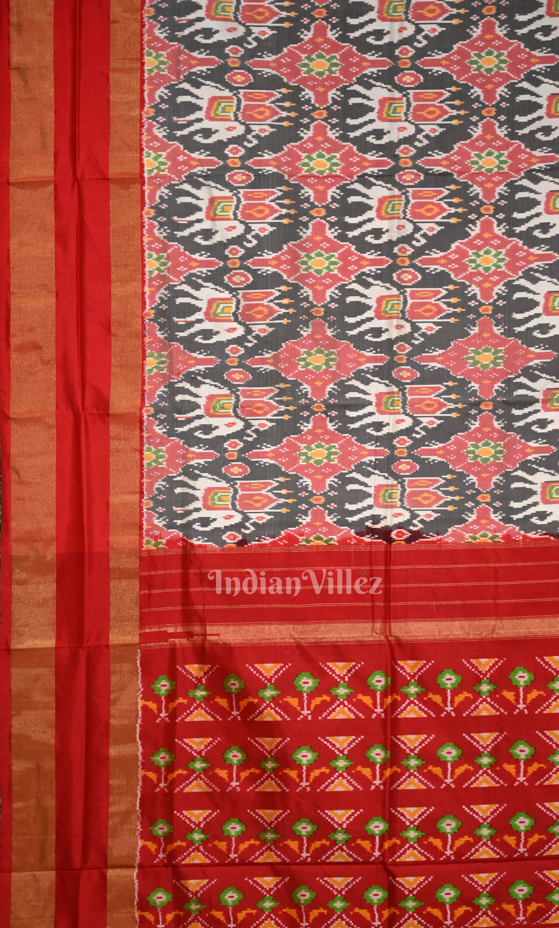  Grey Red Pochampally Ikat Silk Saree 