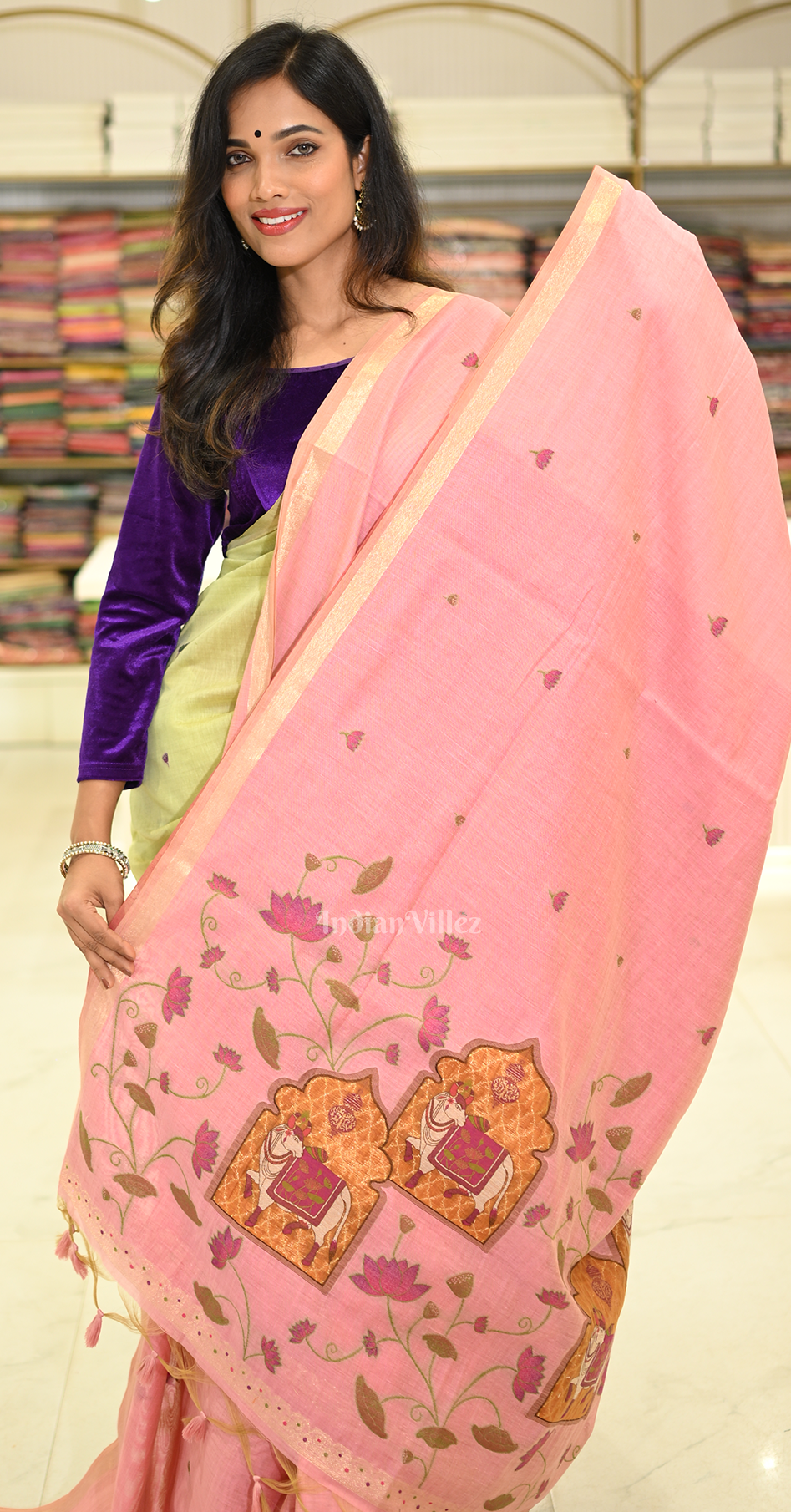 Peach Pink Linen Cotton Pichwai Saree with Zari Border