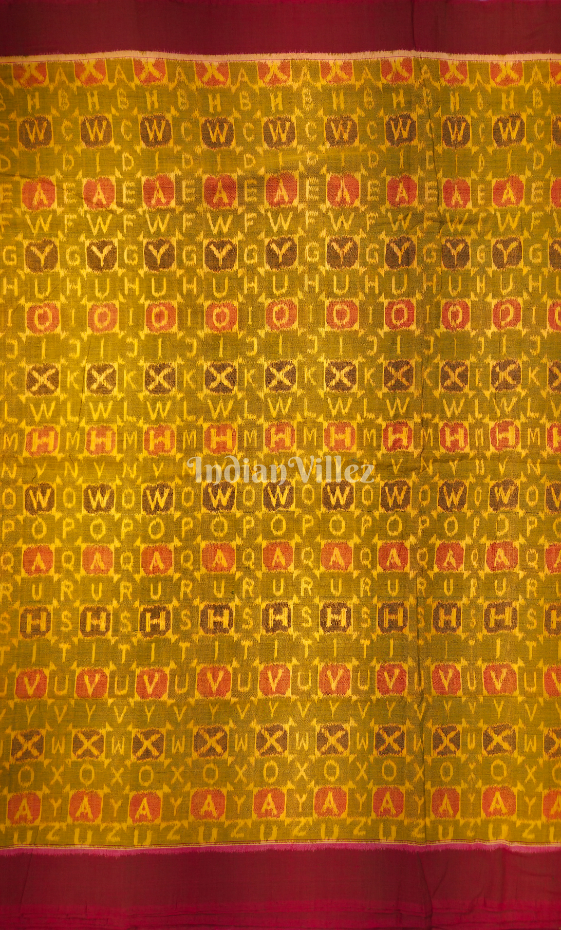 Mehendi Green Maroon Alphabet Theme Odisha Ikat Sambalpuri Cotton Fabric