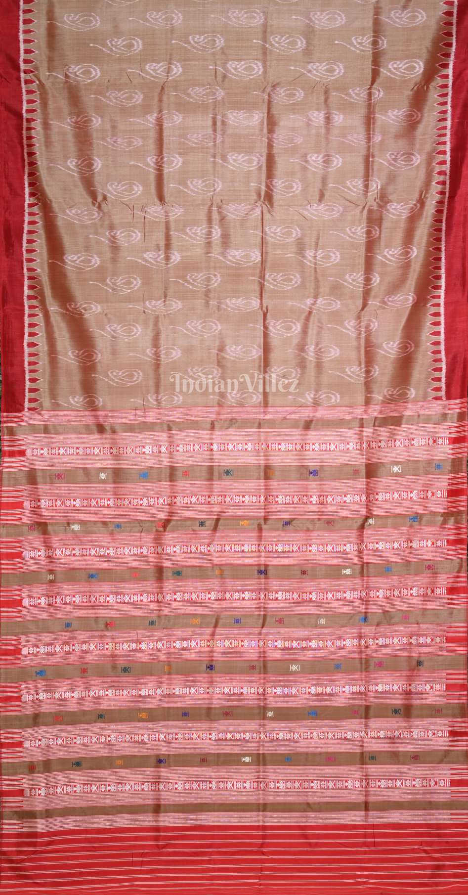 Beige Red Paisley Odisha Ikat Contemporary Designer Saree with Siminoi Anchal