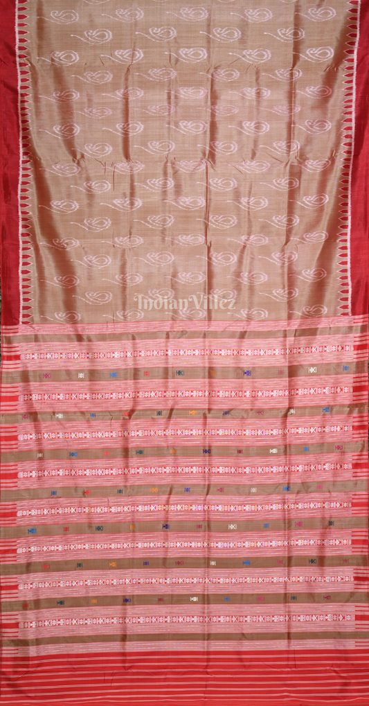 Beige Red Paisley Odisha Ikat Contemporary Designer Saree with Siminoi Anchal