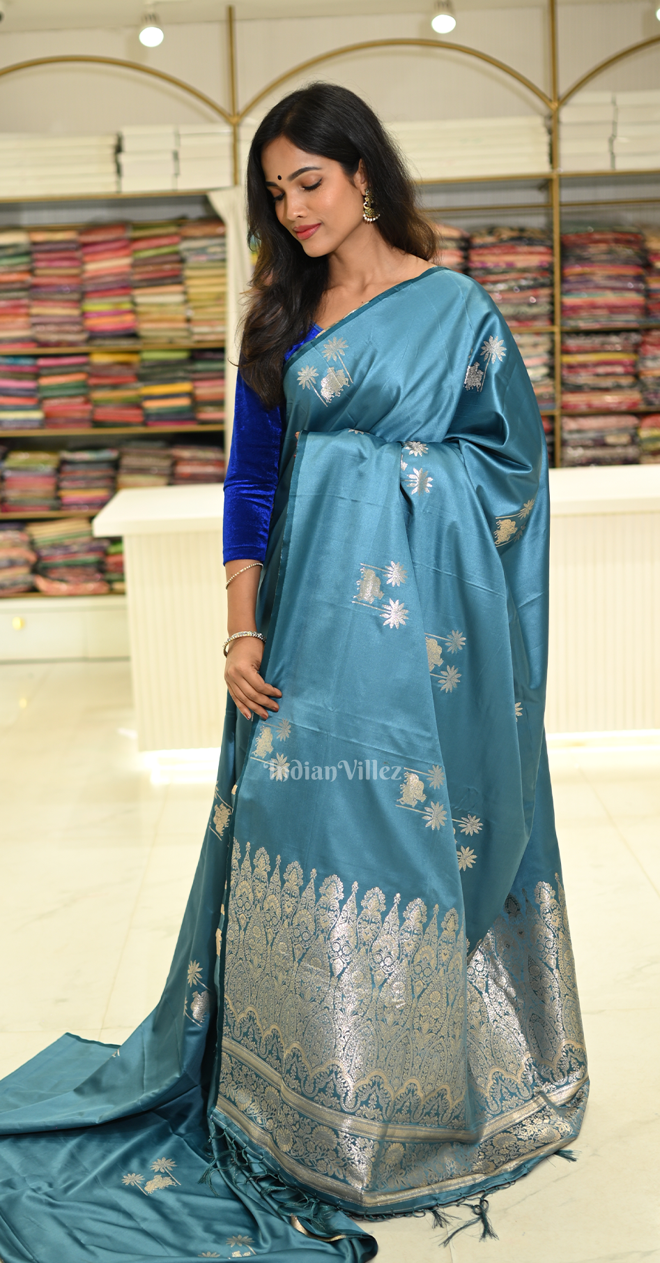 Teal Blue Mashru Satin Banarasi Silk Saree with Pichwai Motif