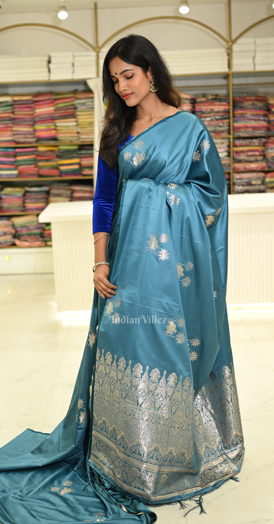 Teal Blue Mashru Satin Banarasi Silk Saree with Pichwai Motif