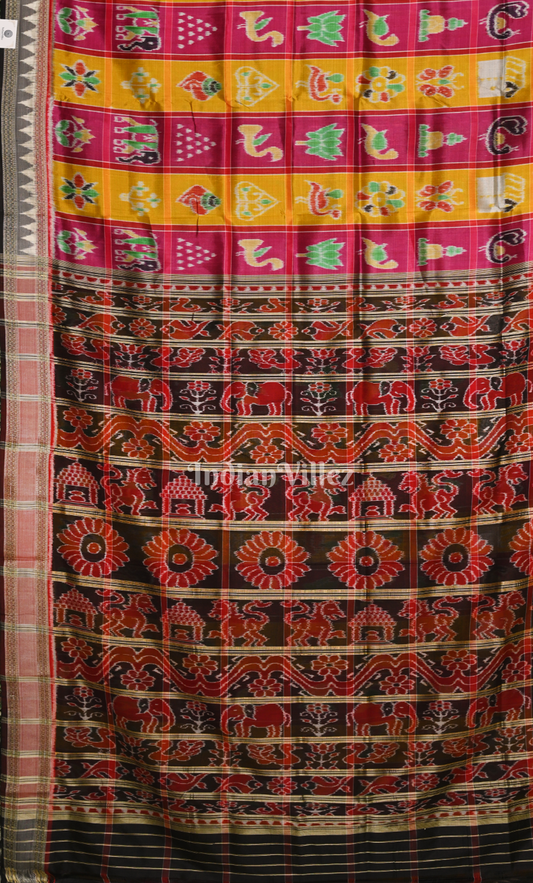 Pink yellow Nabakothi Odisha Ikat Khandua Silk Saree 