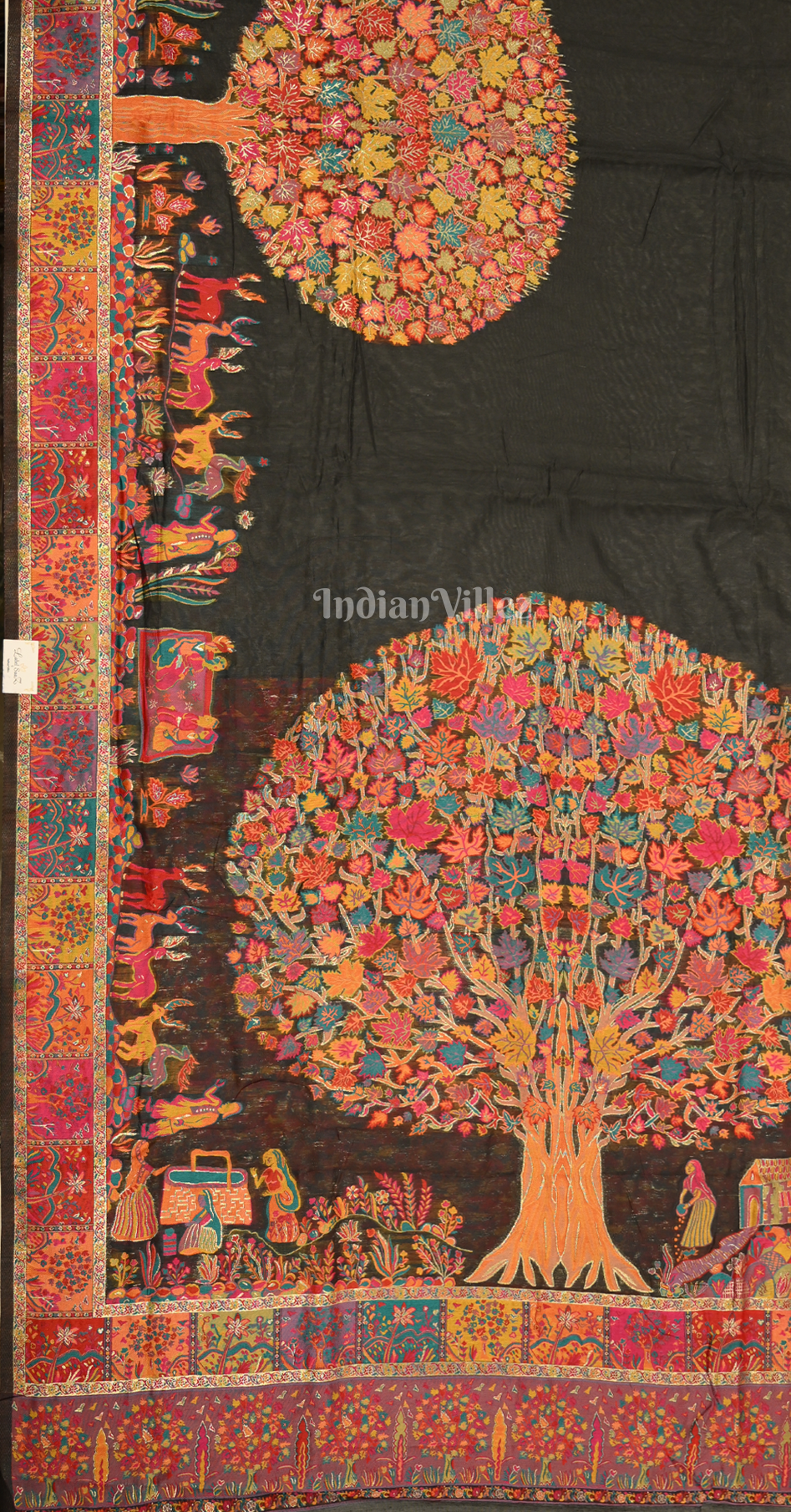 Black Tree of Life Pure Kashmiri Cotton Pashmina Saree