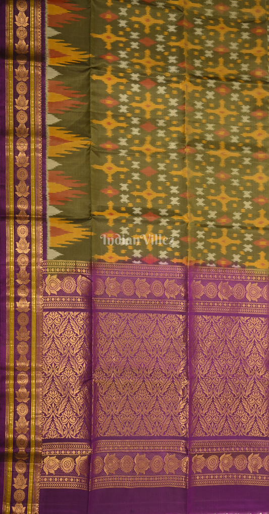 Moss Green Purple Pochampally Ikat Silk Saree 