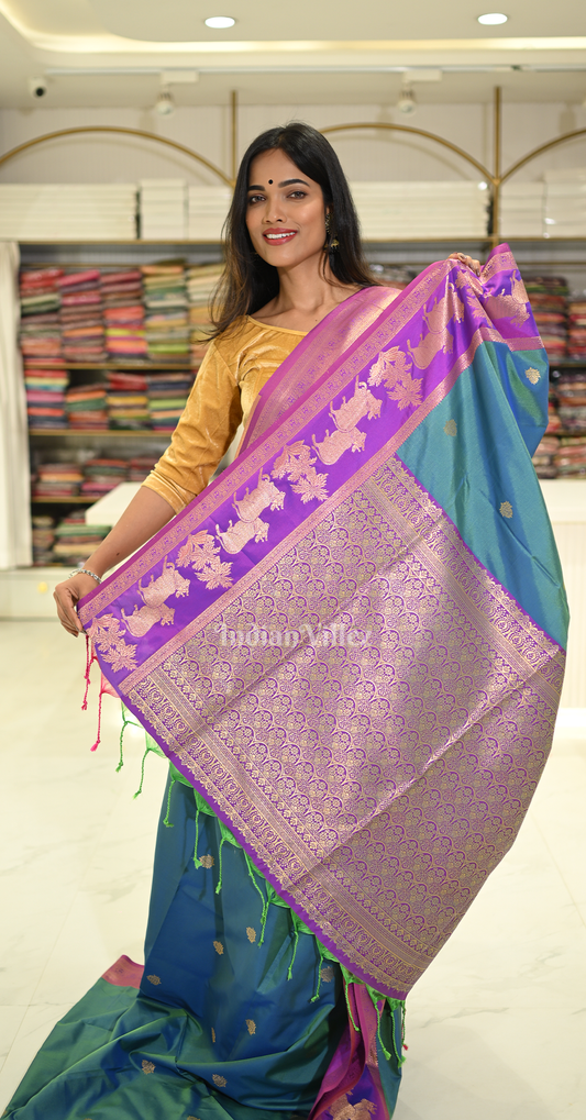Blue Purple Pichwai Satin Silk Banarasi Saree