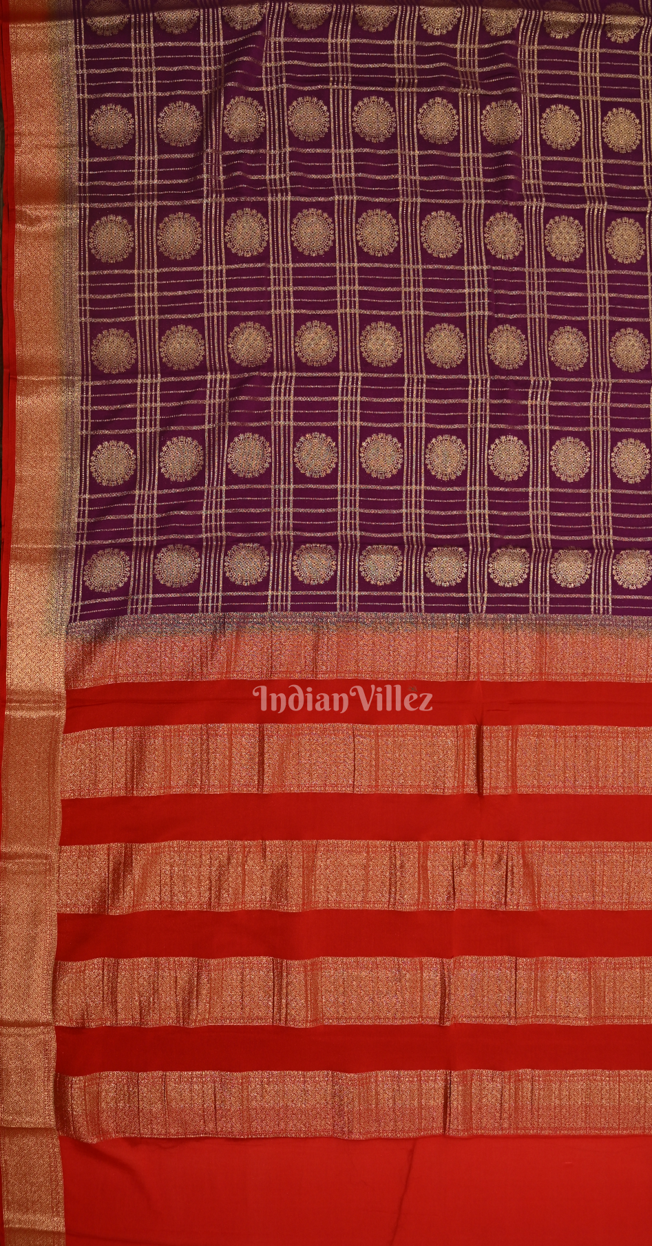 Purple Red Checks Pure Crepe Kanjivaram Silk Saree