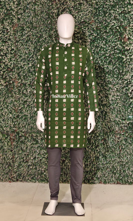 Green Red Pasapali Odisha Ikat Cotton Kurta for Men 