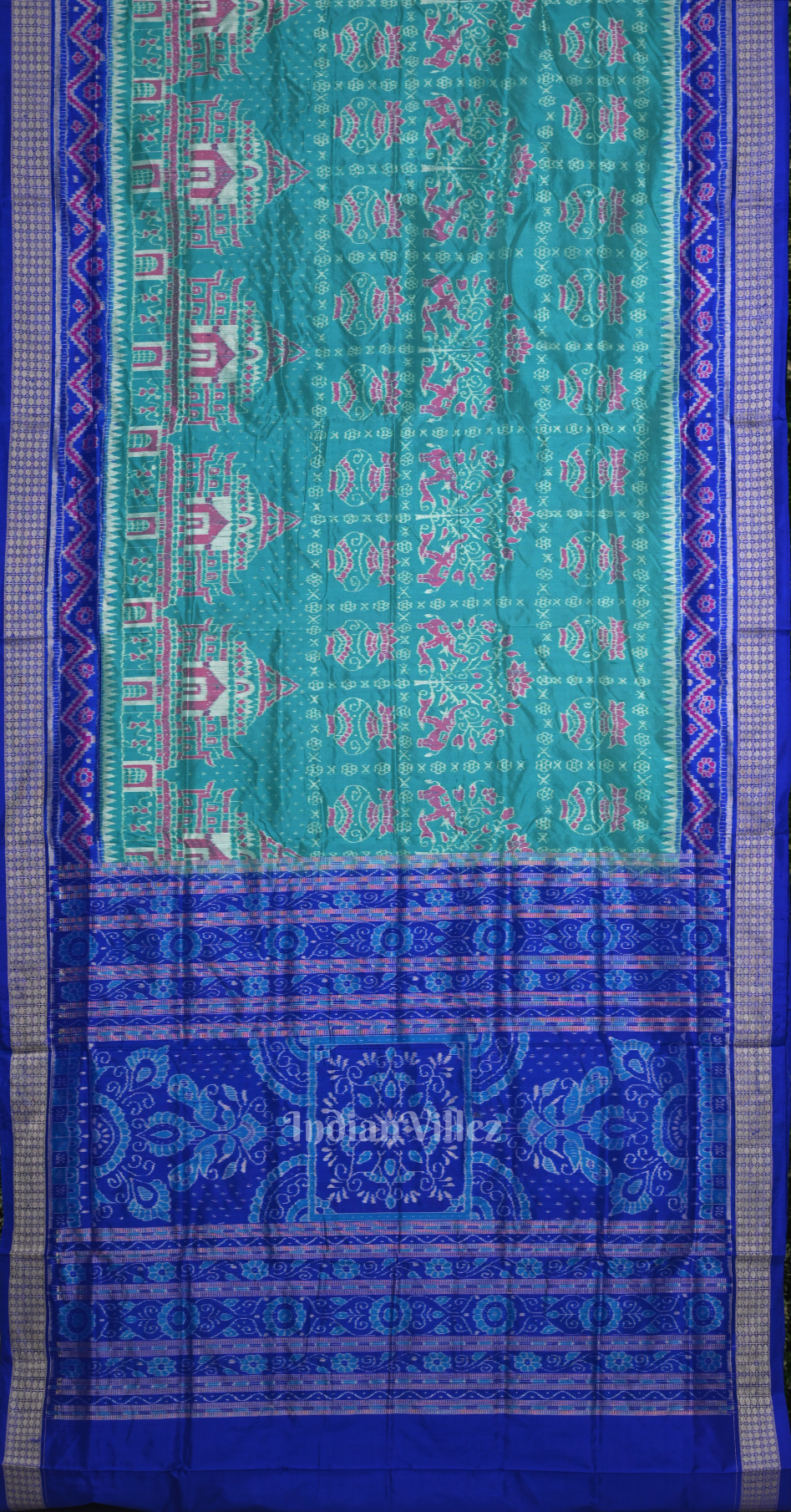 Sea Green Blue Konark Temple Theme Odisha Ikat Sambalpuri Silk Saree