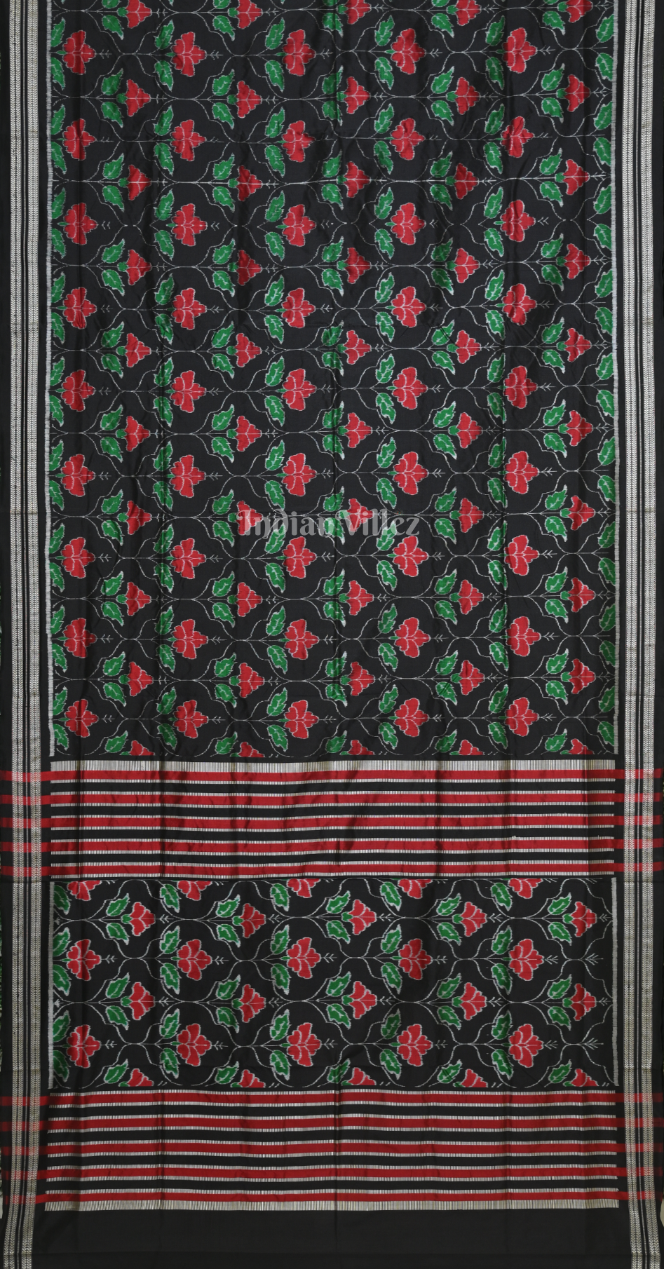 Black Red Mandar Flower Motif Odisha Ikat Sambalpuri Silk Saree 